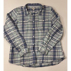 LL Bean Women's Sz Large Long Sleeve Flannel Button Up Shirt Plaid Green Blue